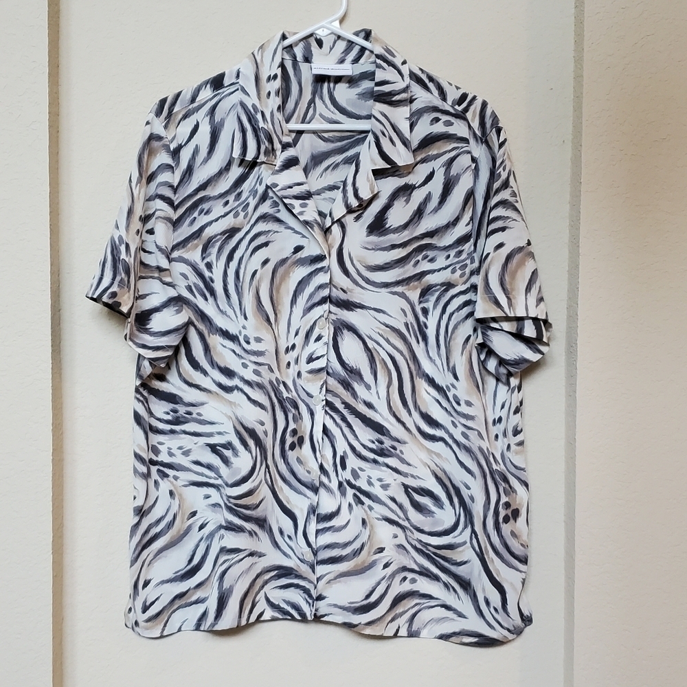 Alfred Dunner Top Blouse Animal Print Cream Brown Short Sleeve